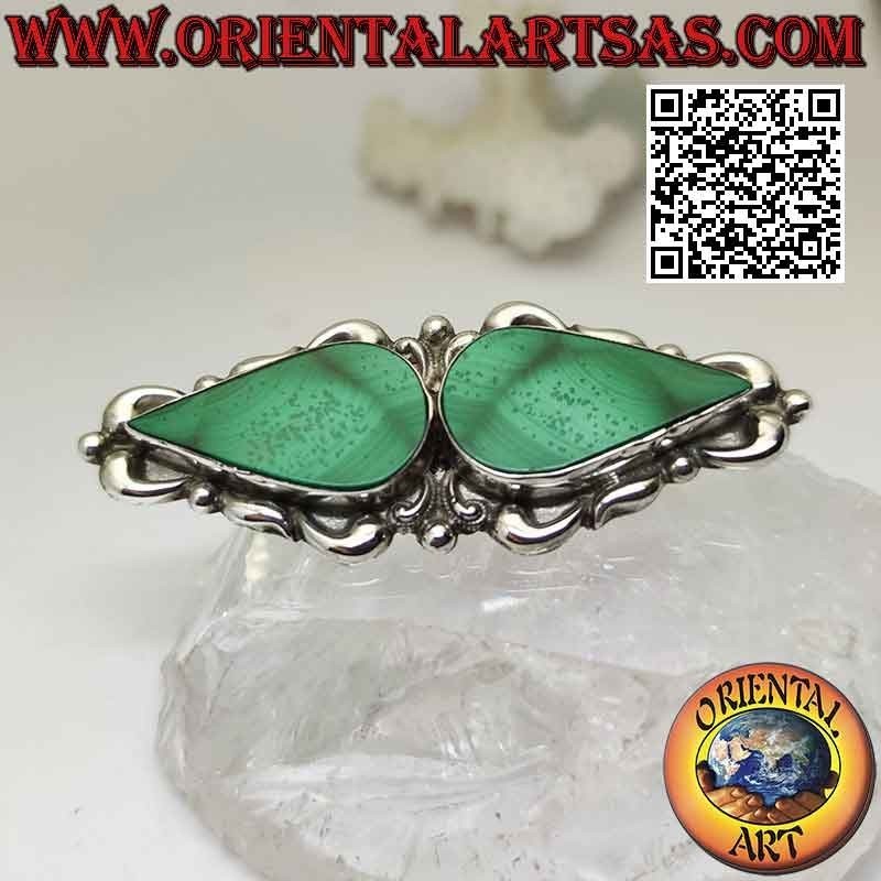 Broche de plata 925 ‰ con espejo gotas de malaquita en un marco con decoración barroca