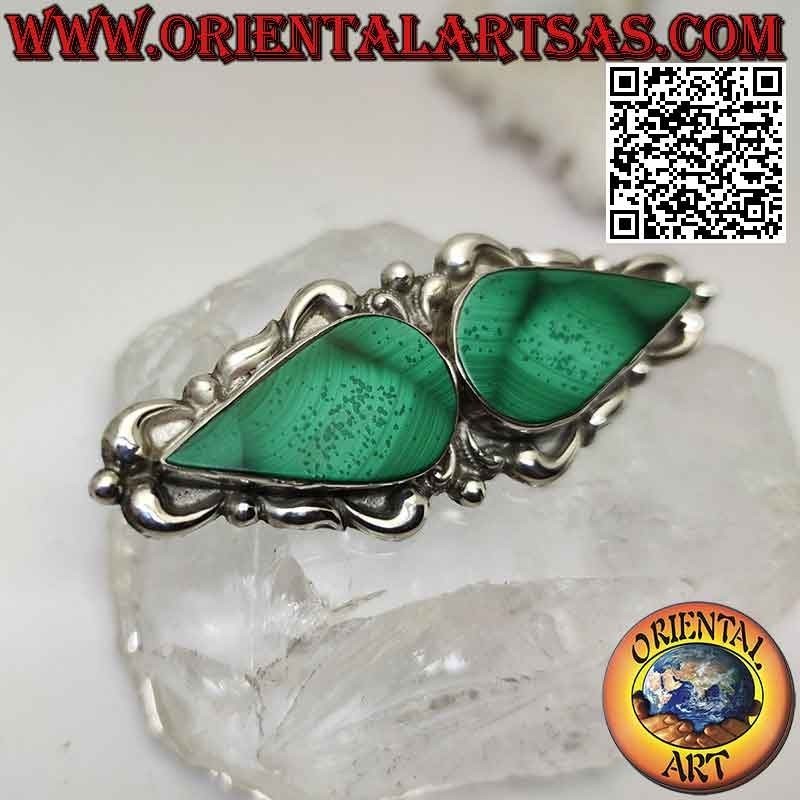 Broche en argent 925‰ avec gouttes de malachite miroir sur une monture à décor baroque