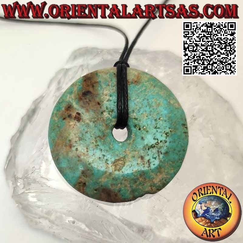 Pendentif Donut/Disque Turquoise Tibétain Antique de 36 mm. Ø (cordon inclus)