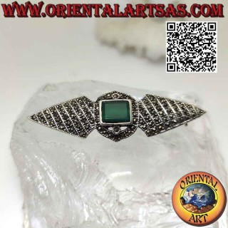 925 ‰ silver brooch with two rhombuses with marcasites and rectangular green agate