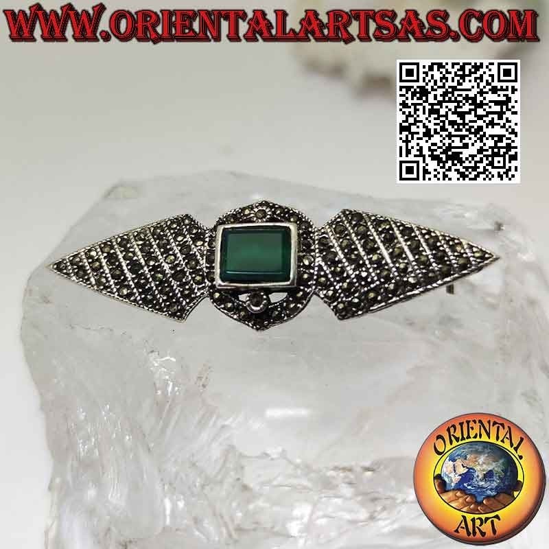 Broche de plata 925‰ con dos rombos con marcasitas y ágata verde rectangular