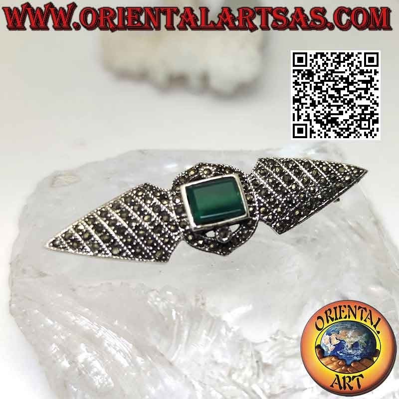 925 ‰ silver brooch with two rhombuses with marcasites and rectangular green agate
