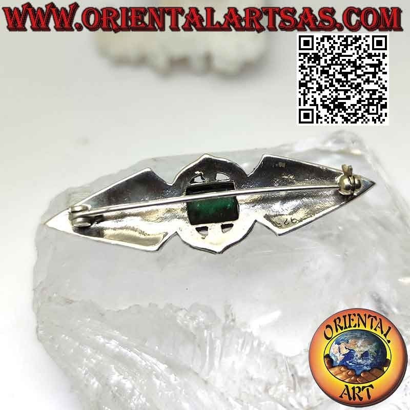 Broche de plata 925‰ con dos rombos con marcasitas y ágata verde rectangular