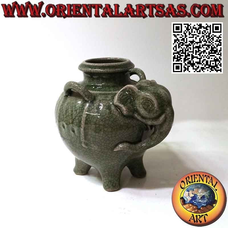 Vase in the shape of an elephant in green glazed ceramic