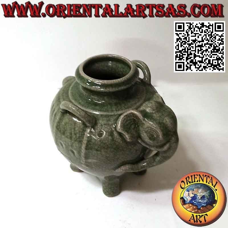 Vase in the shape of an elephant in green glazed ceramic