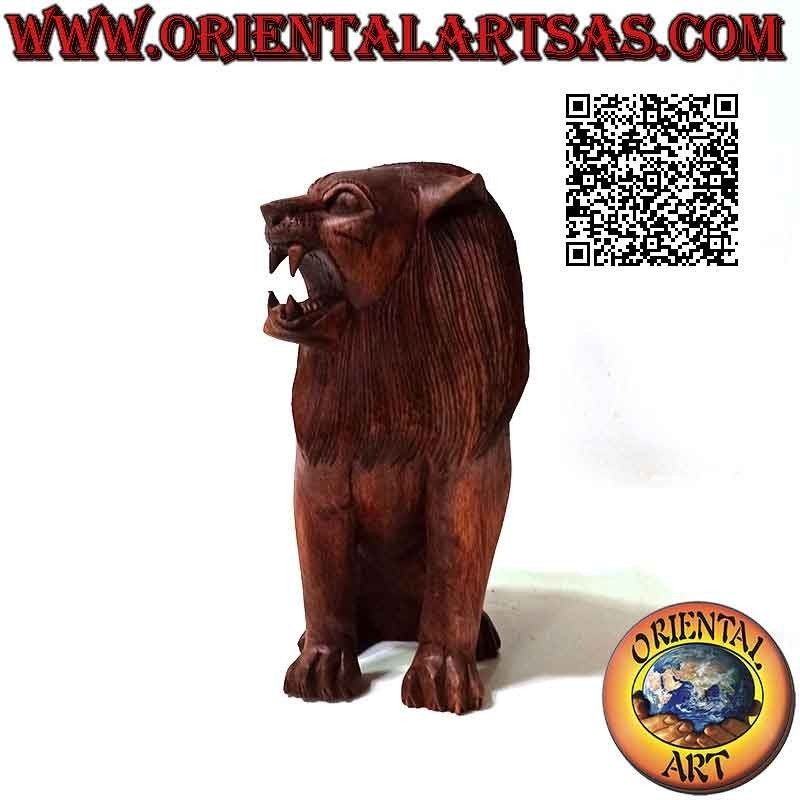 Escultura de 22 cm de un león sentado en guardia en madera de suar (tallada a mano de un solo bloque)