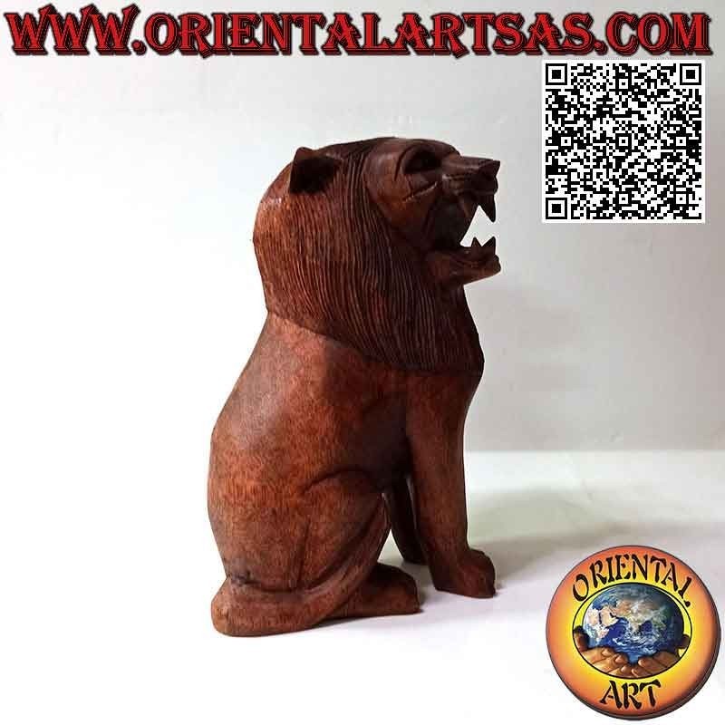 Escultura de 22 cm de un león sentado en guardia en madera de suar (tallada a mano de un solo bloque)