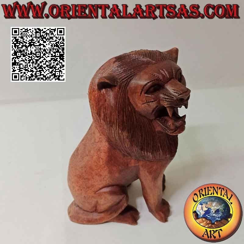 Escultura de 22 cm de un león sentado en guardia en madera de suar (tallada a mano de un solo bloque)