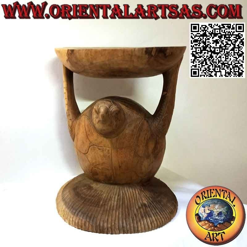 Tavolo tondo da salotto a scultura, tartaruga che sorregge il piano in legno di suar (52x 39x 40)