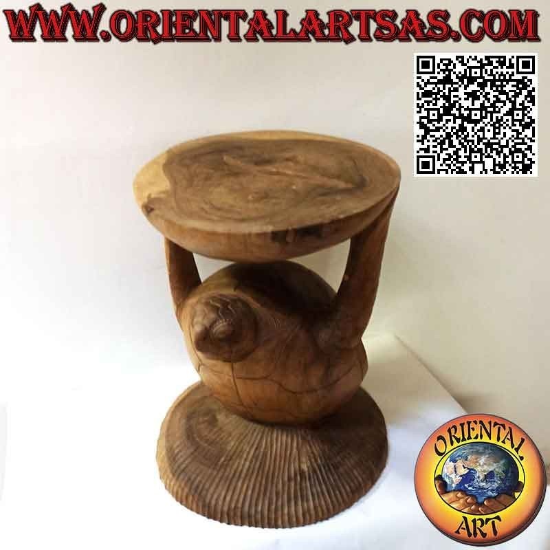Table sculpture ronde de salon, tortue supportant le plateau en bois de suar (52x 39x 40)