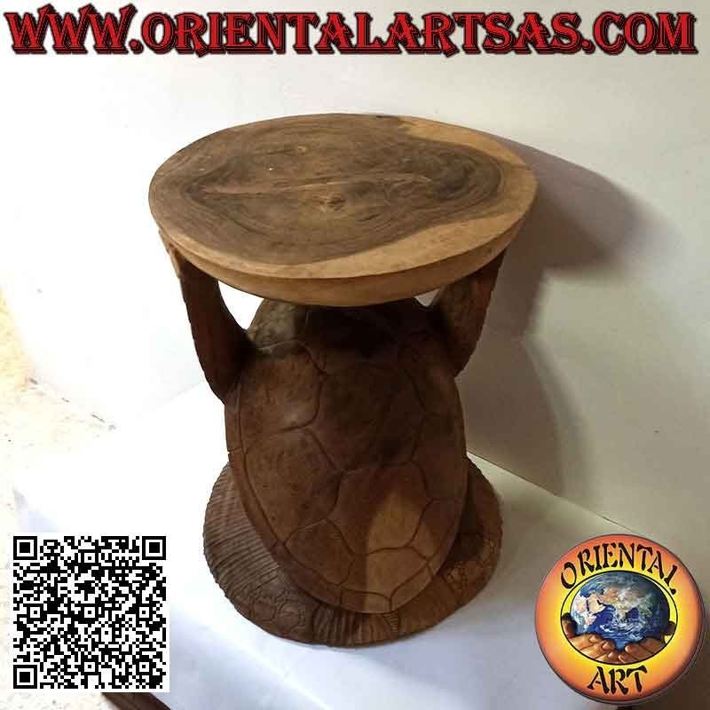 Round sculpture table for living room, turtle supporting the suar wood top (52x 39x 40)