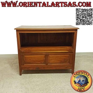 Living room TV stand with shelf and flap door in teak wood