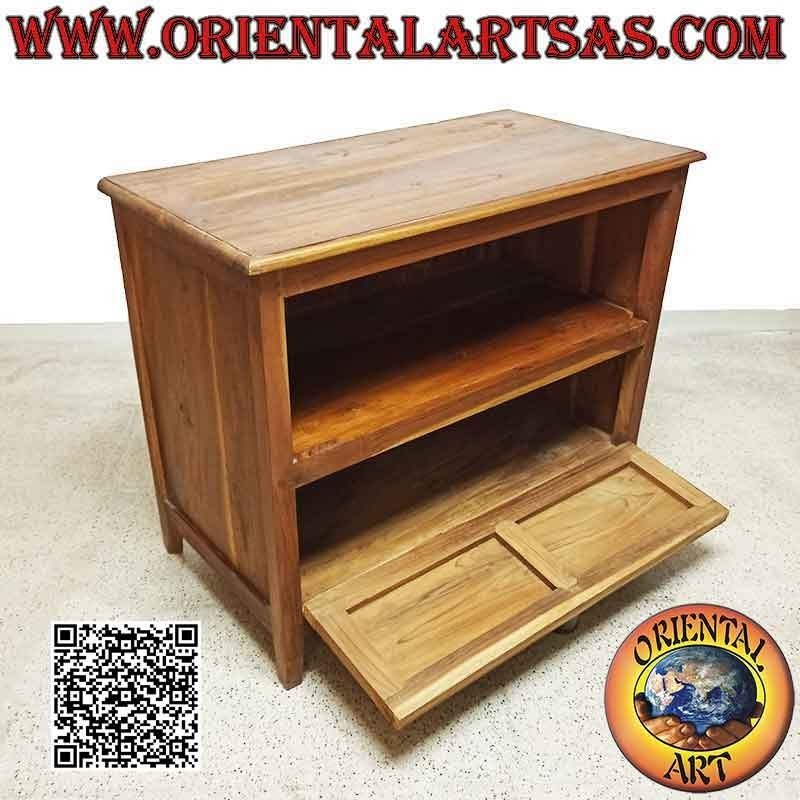 Mobile da soggiorno porta TV con ripiano e anta a ribalta in legno di teak
