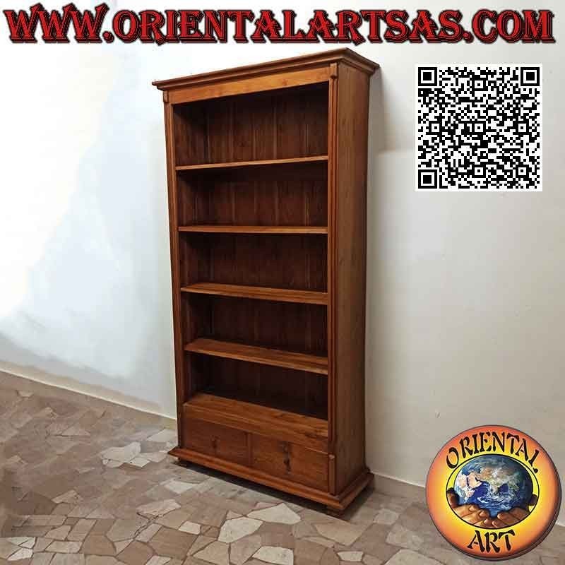 Librería con cinco baldas y dos cajones con laterales cerrados en madera de teca (215x110x39)