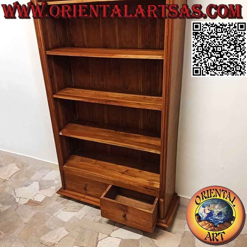 Libreria a cinque ripiani e due cassetti con laterali chiusi in legno di teak (215x110x39)