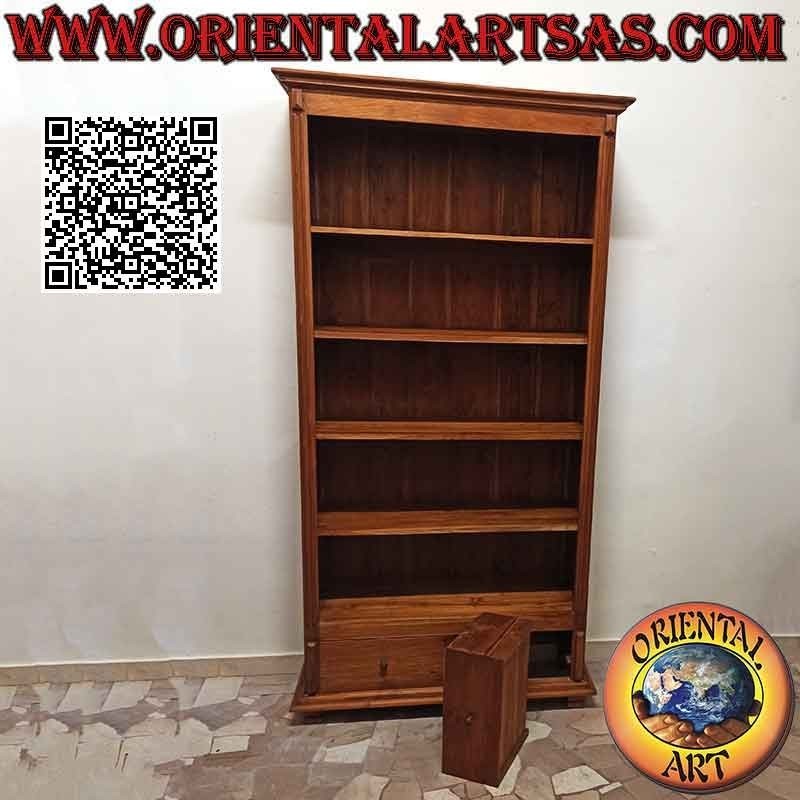 Libreria a cinque ripiani e due cassetti con laterali chiusi in legno di teak (215x110x39)