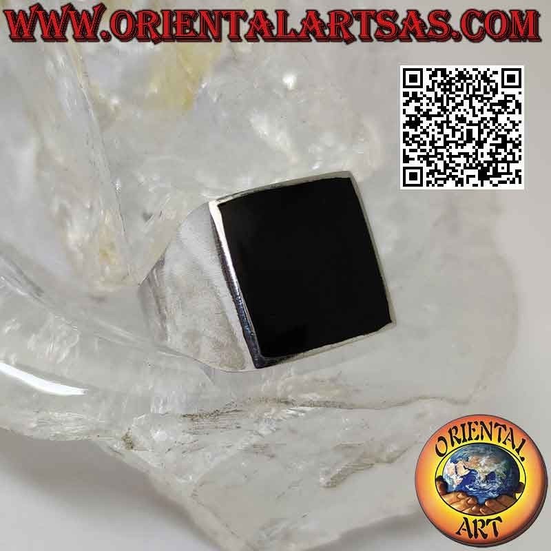 Anillo de plata lisa con borde rasante de ónix cuadrado 15x15 mm (fino)