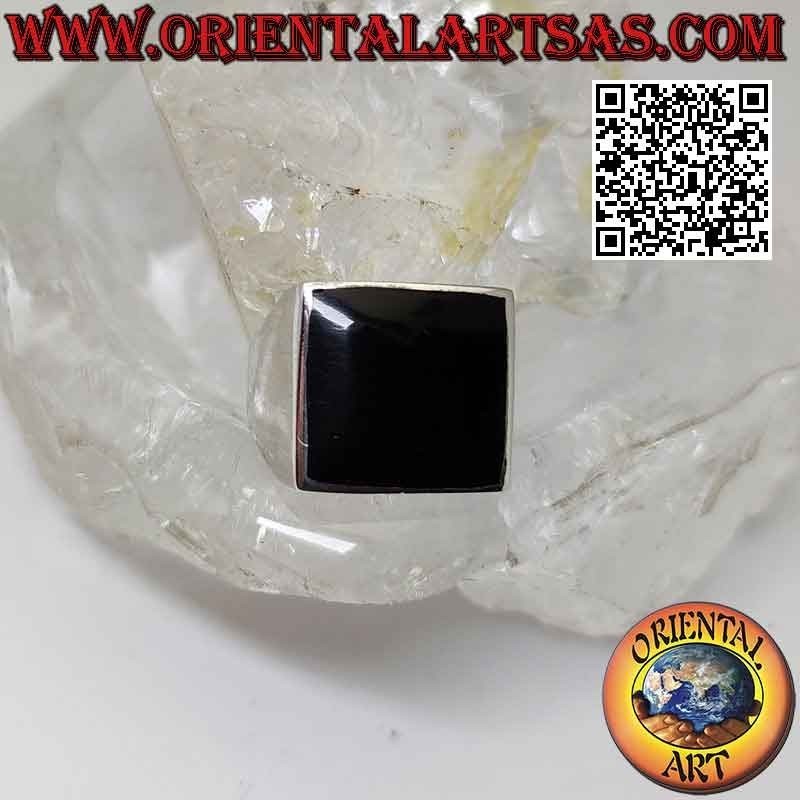 Anillo de plata lisa con borde rasante de ónix cuadrado 15x15 mm (fino)