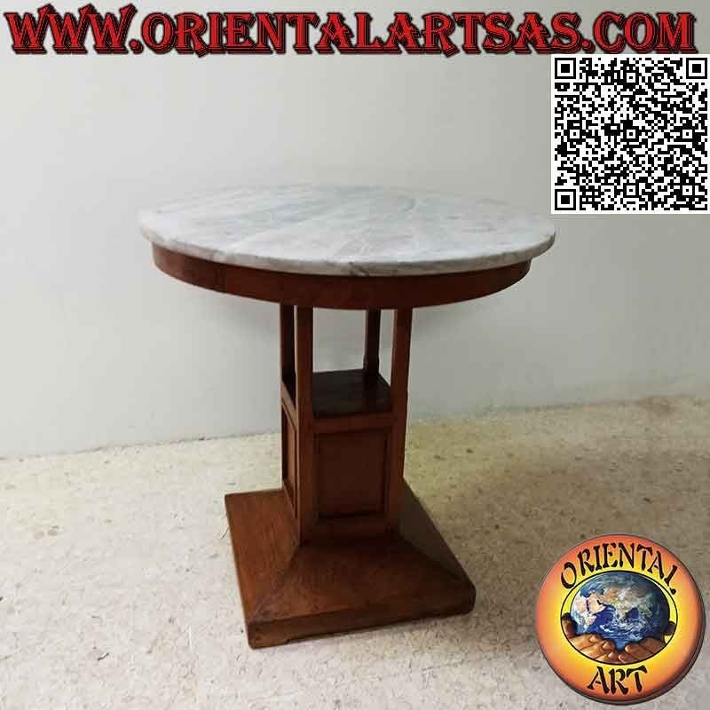 Mesa de centro redonda de un pie cuadrado alto y tapa de mármol en madera de teca envejecida de 70 Ø cm