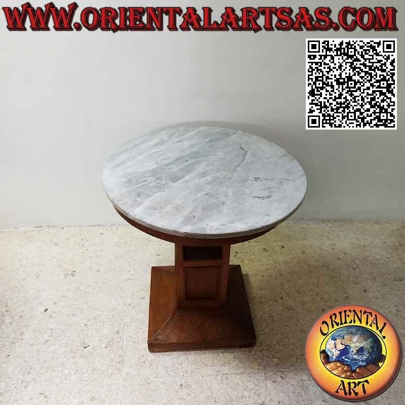 Mesa de centro redonda de un pie cuadrado alto y tapa de mármol en madera de teca envejecida de 70 Ø cm