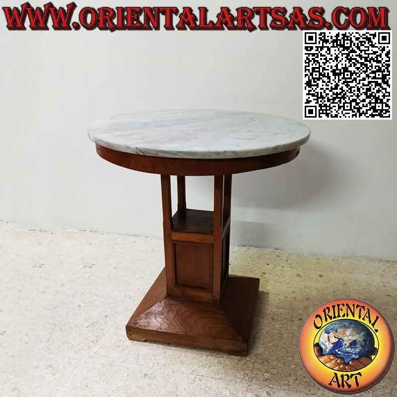 Mesa de centro redonda de un pie cuadrado alto y tapa de mármol en madera de teca envejecida de 70 Ø cm