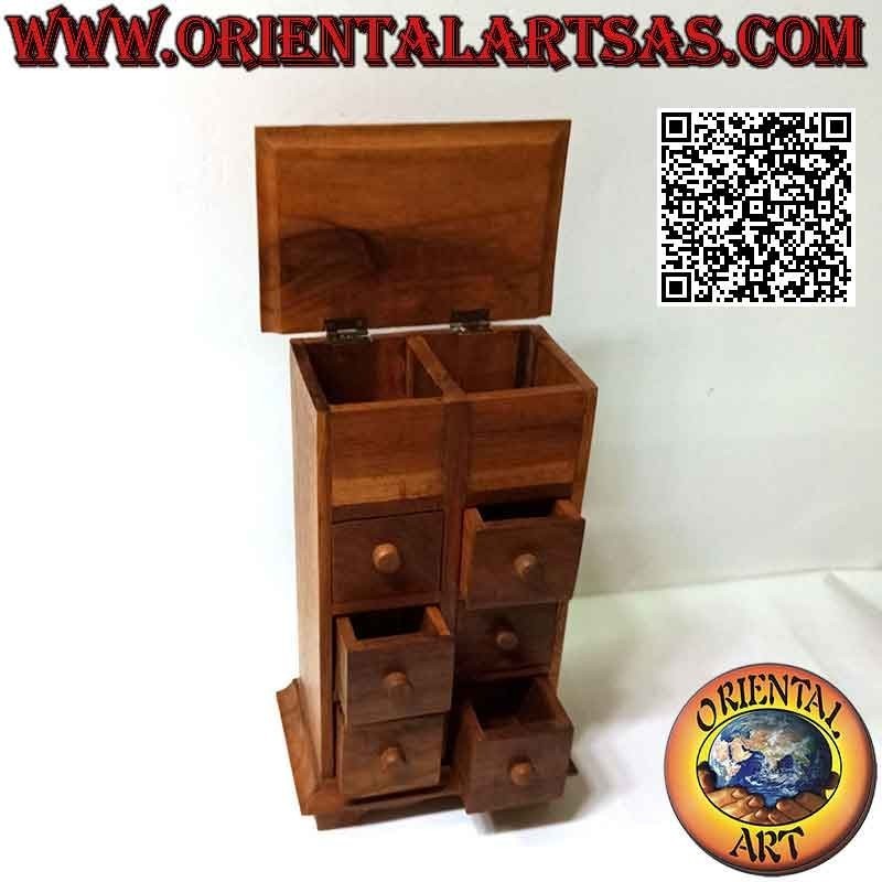 Vitrine avec commode 6 tiroirs et couvercle ouvrant en bois de teck