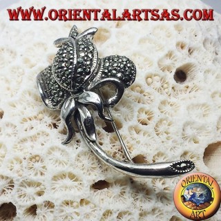 Broche de plata, tulipán con marcasita