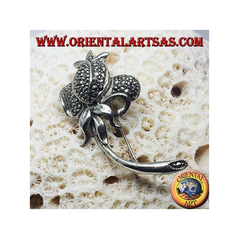 Broche Argent, tulipe avec marcassite