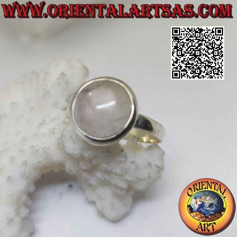 Anello in argento con quarzo rosa tondo cabochon su montatura liscia a solitario