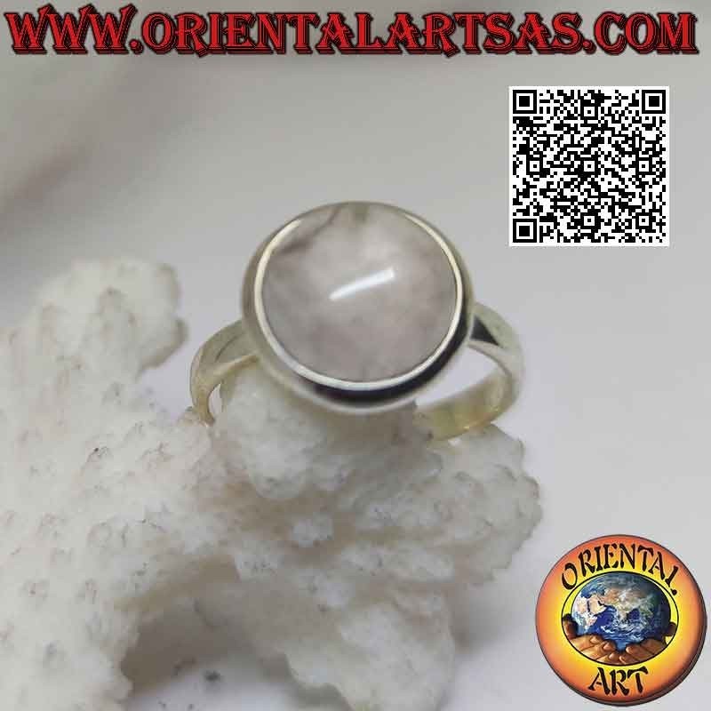 Anillo de plata con cabujón redondo de cuarzo rosa en engaste de solitario liso
