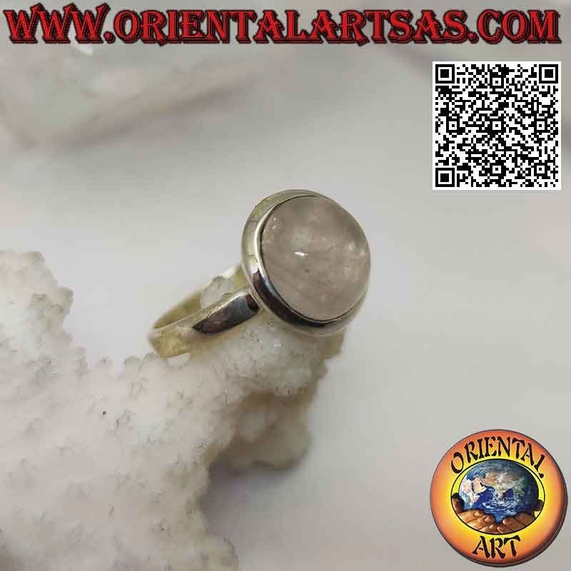 Silver ring with round cabochon rose quartz on a smooth solitaire setting