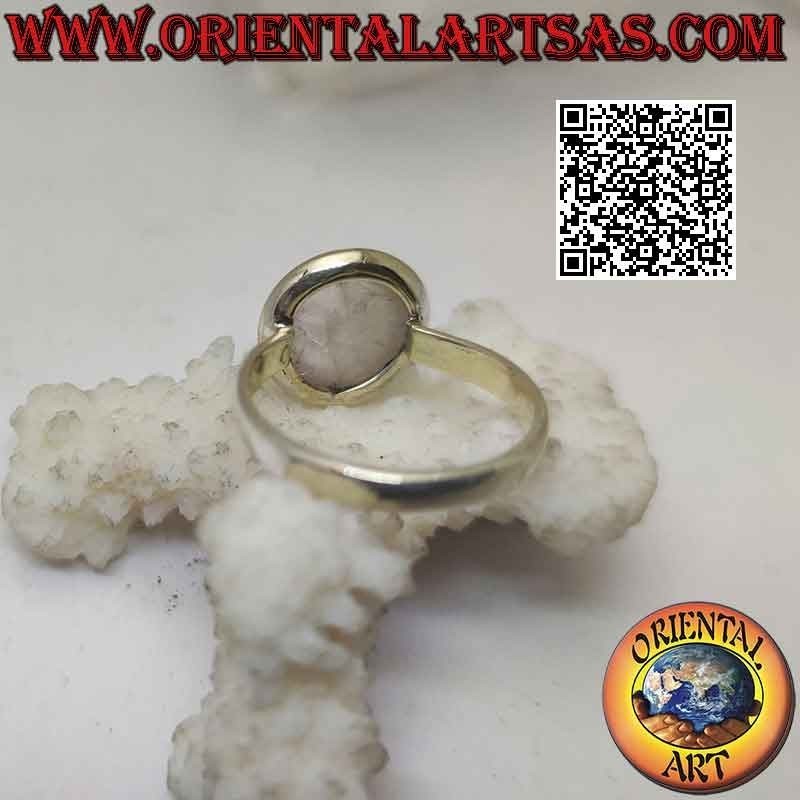 Silver ring with round cabochon rose quartz on a smooth solitaire setting