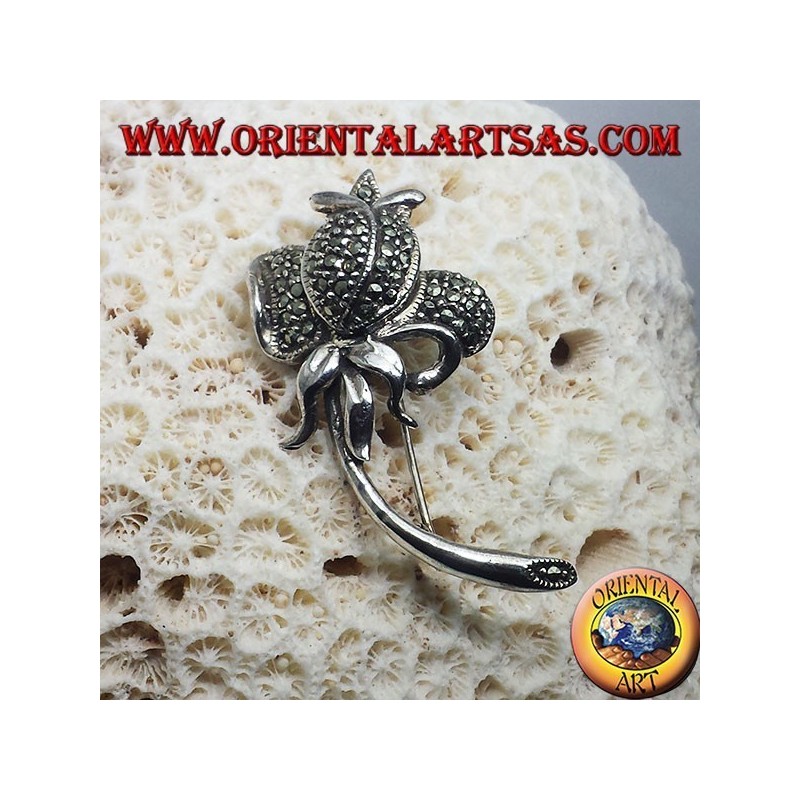 Silver brooch, Tulip with marcasite