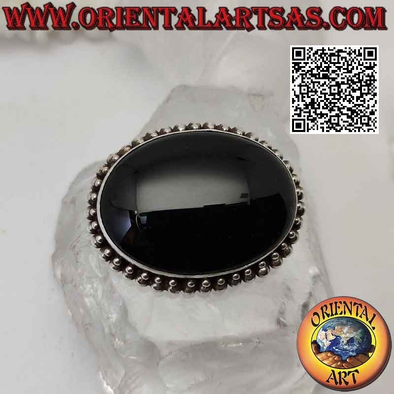 Broche de plata 925 ‰ con gran cabujón ovalado de ónix rodeado de dos filas de bolas en crecimiento