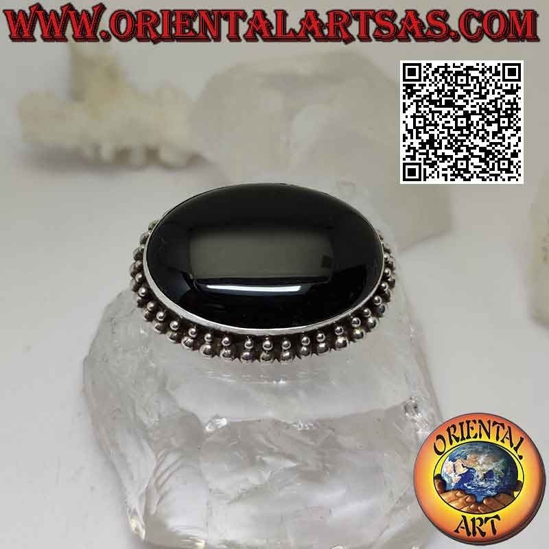 Broche de plata 925 ‰ con gran cabujón ovalado de ónix rodeado de dos filas de bolas en crecimiento