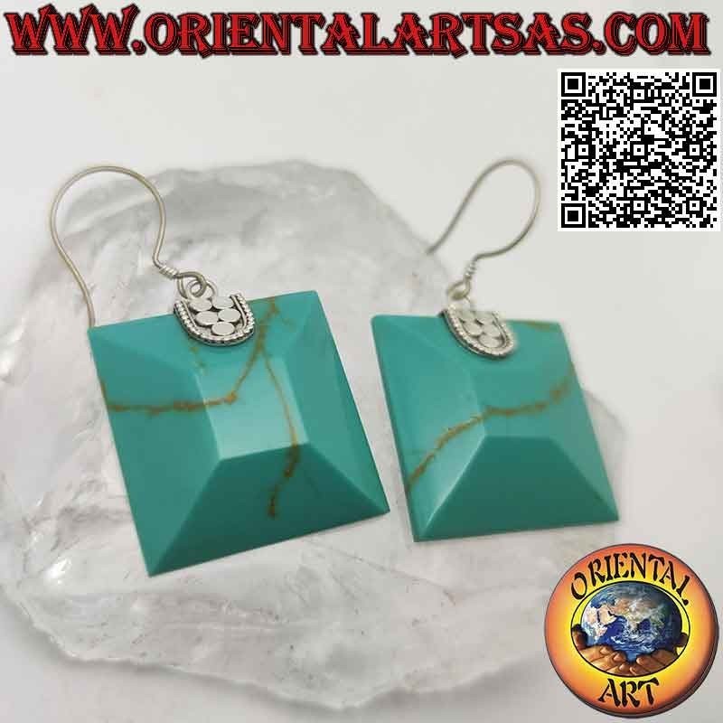 Earrings with faceted square turquoise paste attached by a silver hook
