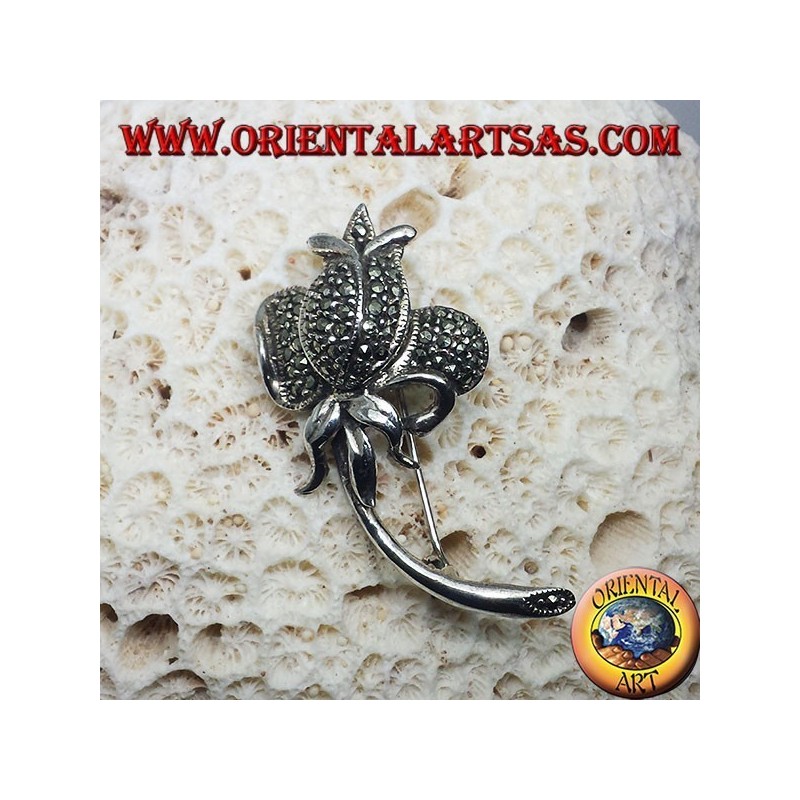Silver brooch, Tulip with marcasite