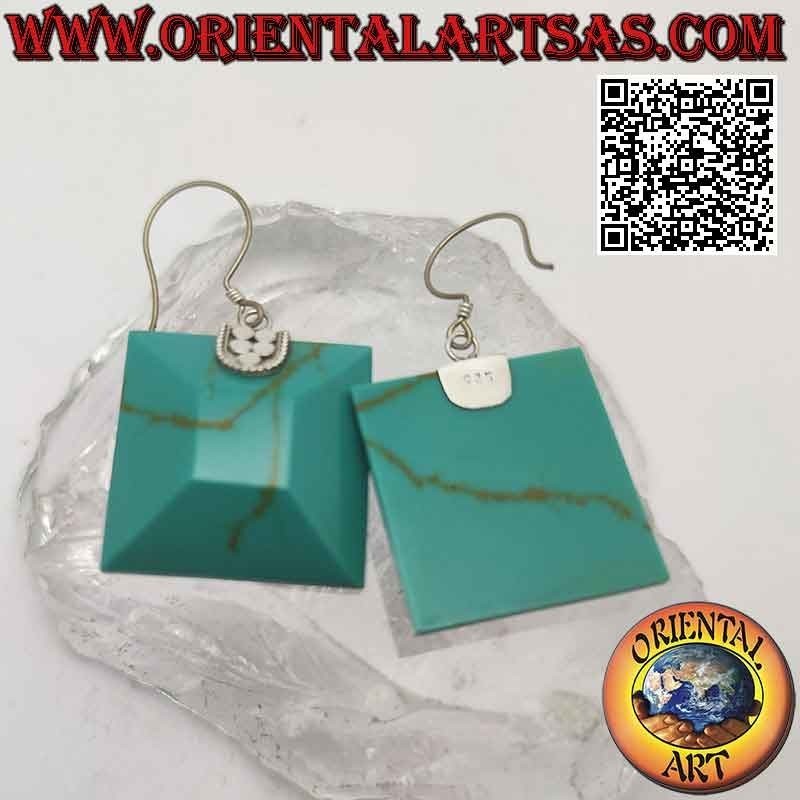 Earrings with faceted square turquoise paste attached by a silver hook