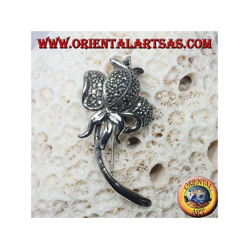 Broche Argent, tulipe avec marcassite