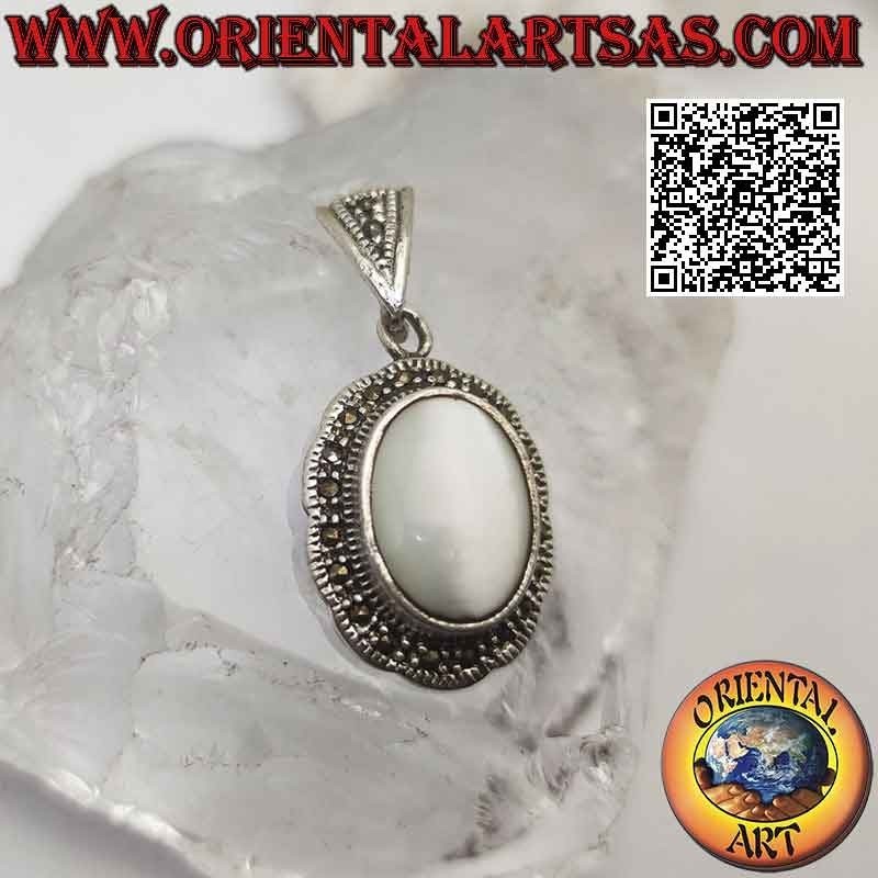 Silver pendant with cabochon oval Mother of Pearl on a wavy setting studded with marcasite