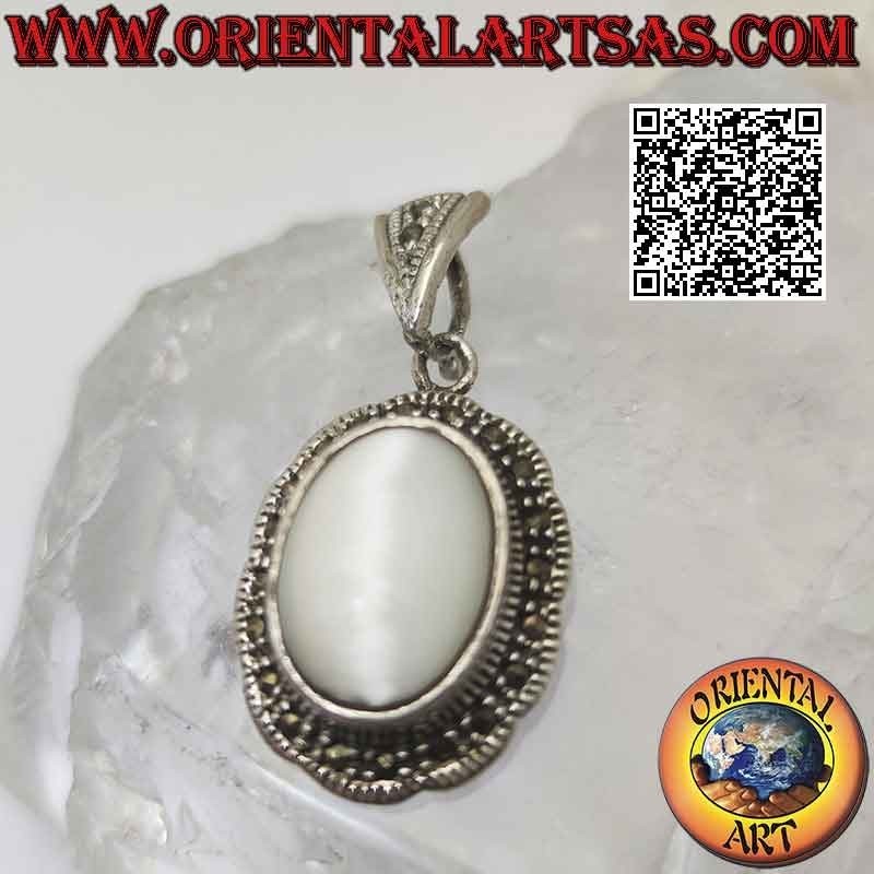 Silver pendant with cabochon oval Mother of Pearl on a wavy setting studded with marcasite