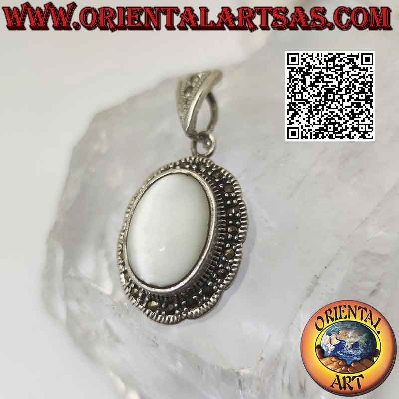 Silver pendant with cabochon oval Mother of Pearl on a wavy setting studded with marcasite