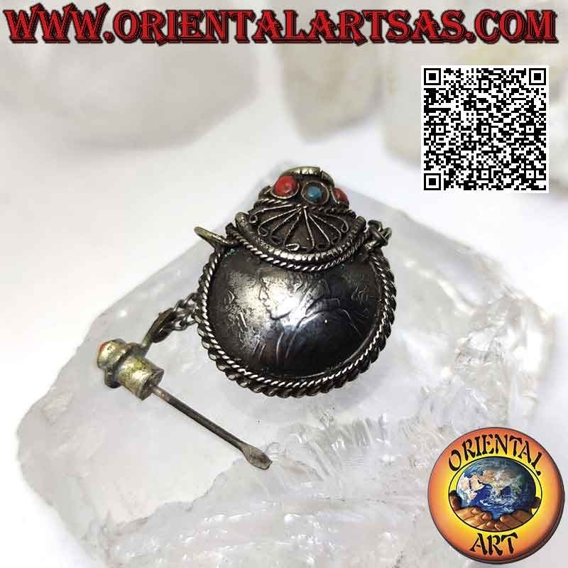 Tibetan ancient bottle pendant with ancient turquoise and coral and the eight symbols of good omen