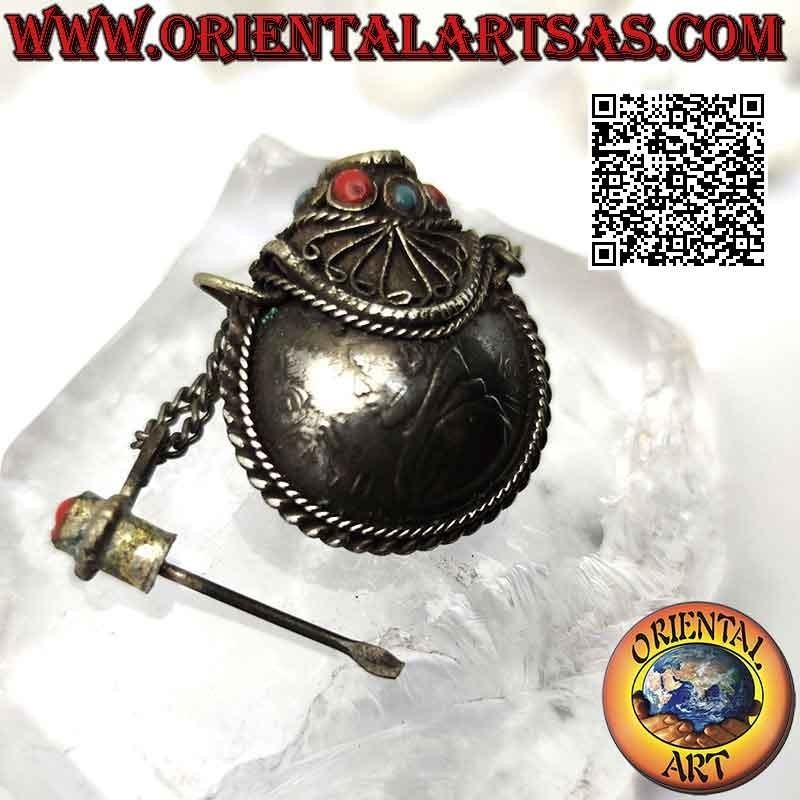 Tibetan ancient bottle pendant with ancient turquoise and coral and the eight symbols of good omen