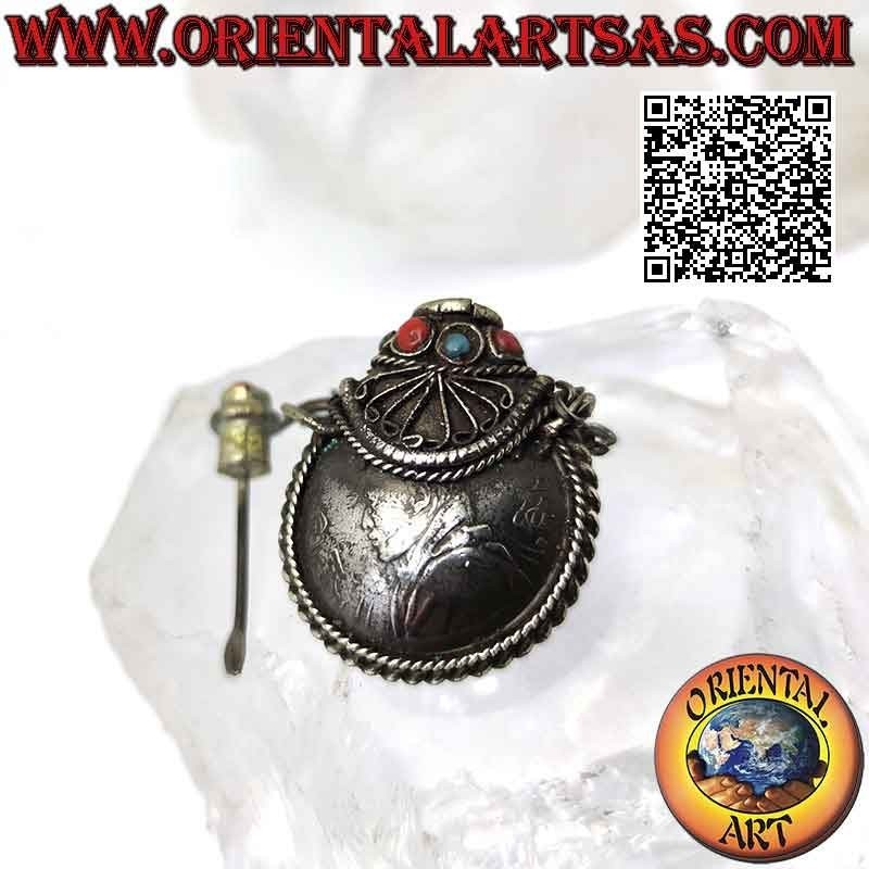 Tibetan ancient bottle pendant with ancient turquoise and coral and the eight symbols of good omen