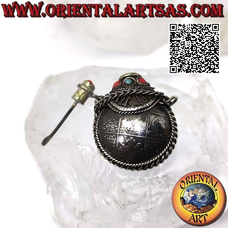 Ciondolo a boccetta antica tibetana con turchesi e coralli antichi e gli otto simboli del buon auspicio