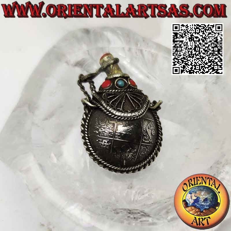 Tibetan ancient bottle pendant with ancient turquoise and coral and the eight symbols of good omen