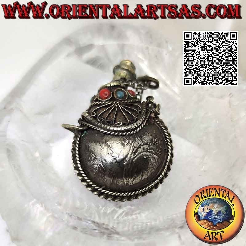 Tibetan ancient bottle pendant with ancient turquoise and coral and the eight symbols of good omen