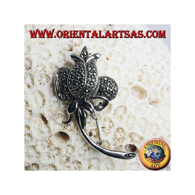 Broche de plata, tulipán con marcasita