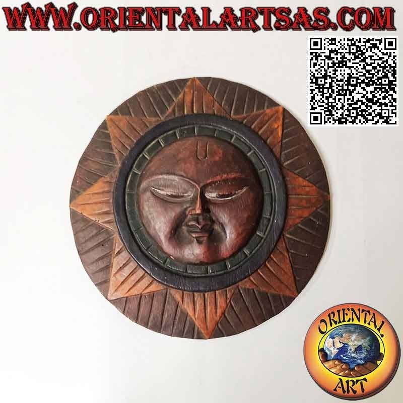 Antique round mask "Nepalese sun" carved and hand painted in rosewood, 20 cm